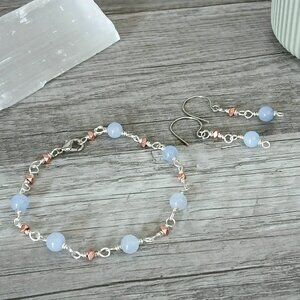 Aquamarine Gemstone Beaded Bracelet & Earring Set